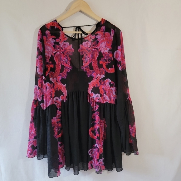Free People Printed Symphony Smock Dress Sz S/P Black Red Floral Sheer Bohemian - Picture 3 of 12